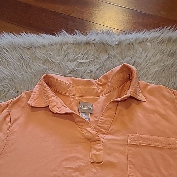 Chicos womens light orange soft rayon flowy button up back‎ long sleeve shirt - Picture 2 of 7